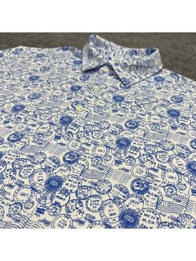 IBKUL Polo Shirt Mens Large White Blue Geometric AOP UPF 50+ Performance Golf